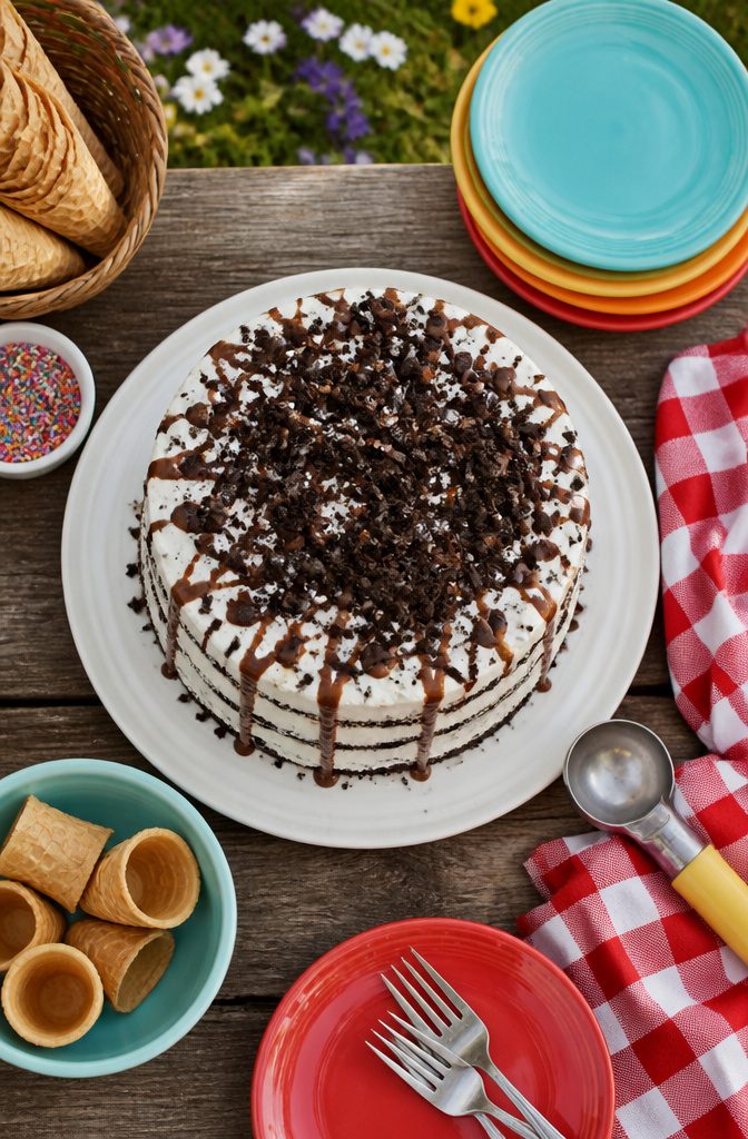 20 Summer Birthday Cake Ideas for Every Celebration 11 Ice cream cake made with layers of vanilla ice cream and cookie crumbs.