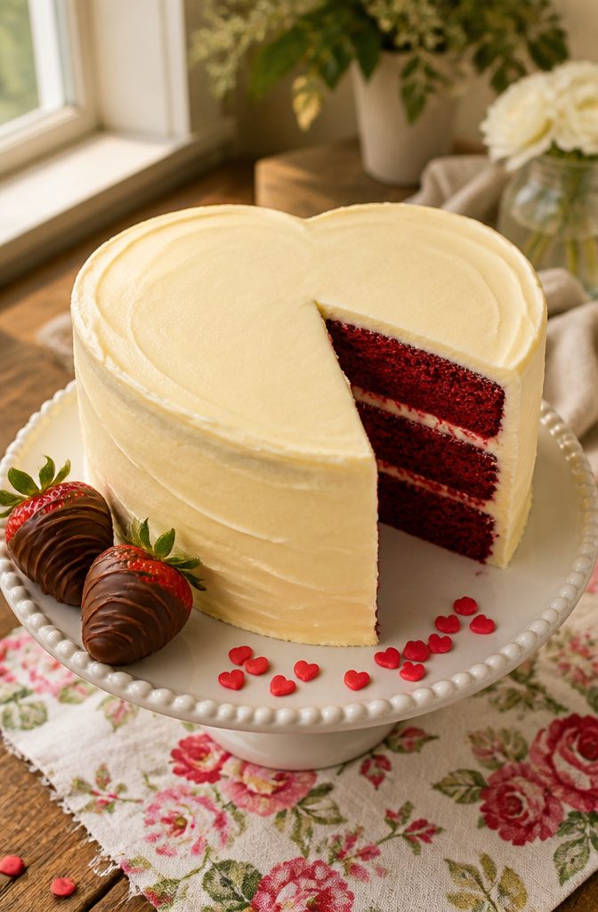 Red velvet or chocolate heart-shaped layer cake on a table.