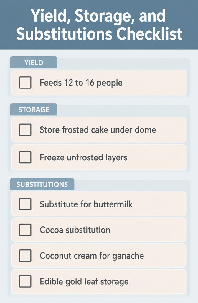 Checklist for yield, storage, and substitutions for a vanilla naked cake.