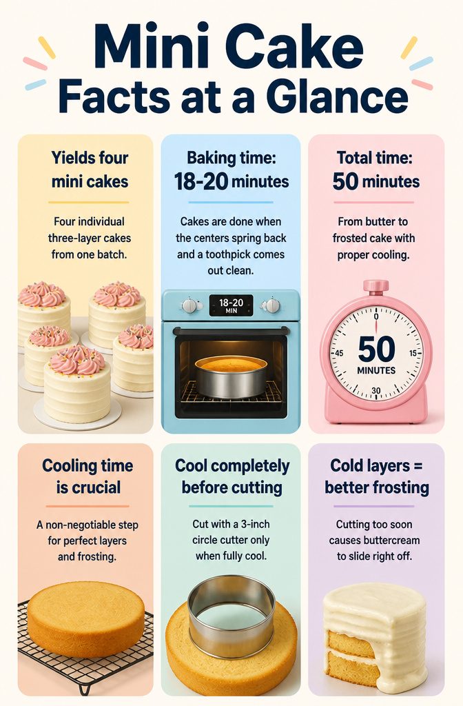 Information about the yield and timing for mini cakes.
