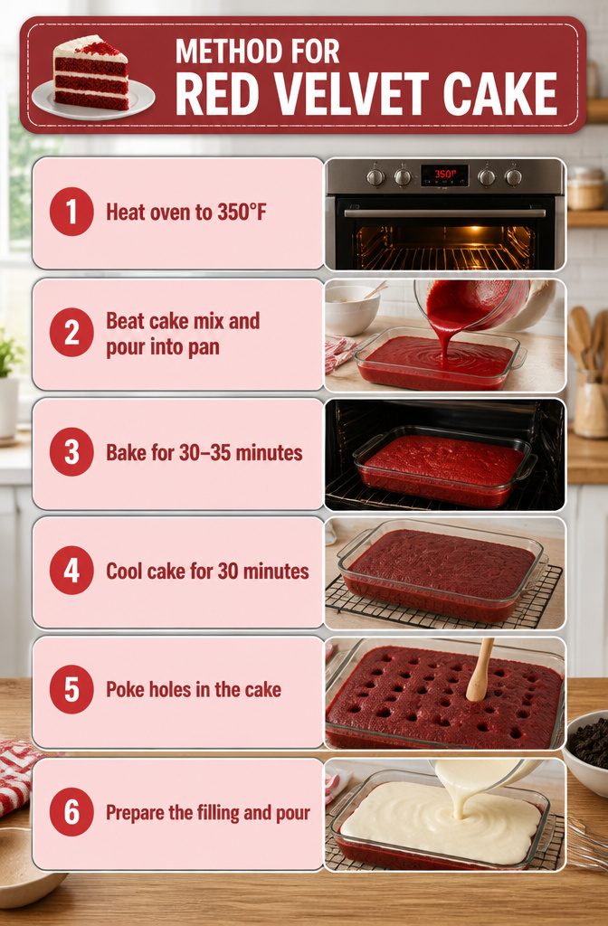 Instructions for baking and preparing the red velvet poke cake.