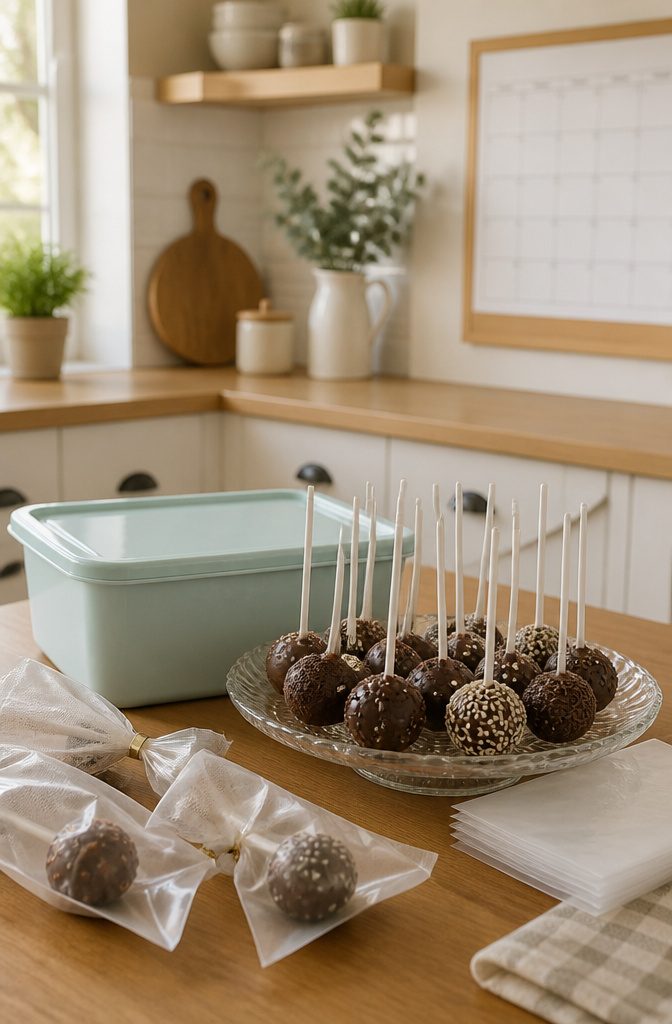 Chocolate cake pops stored in a pastel container and displayed on a glass plate.
