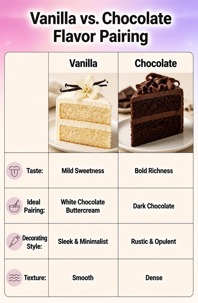 An image comparing vanilla and chocolate flavor pairings for cakes.