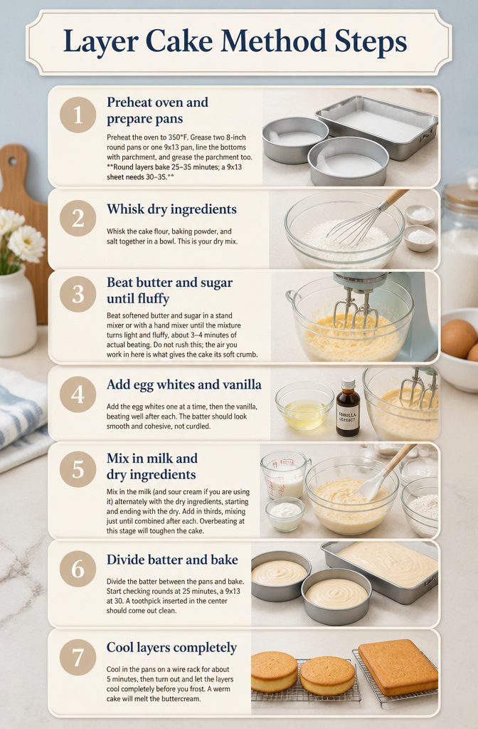 Simple White Cake: A Plain, Soft Layer Cake Recipe 3 An infographic detailing the method steps for baking a layer cake.