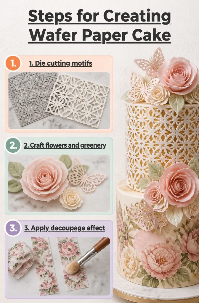 An image titled 'Steps for Creating Wafer Paper Cake' outlining methods.