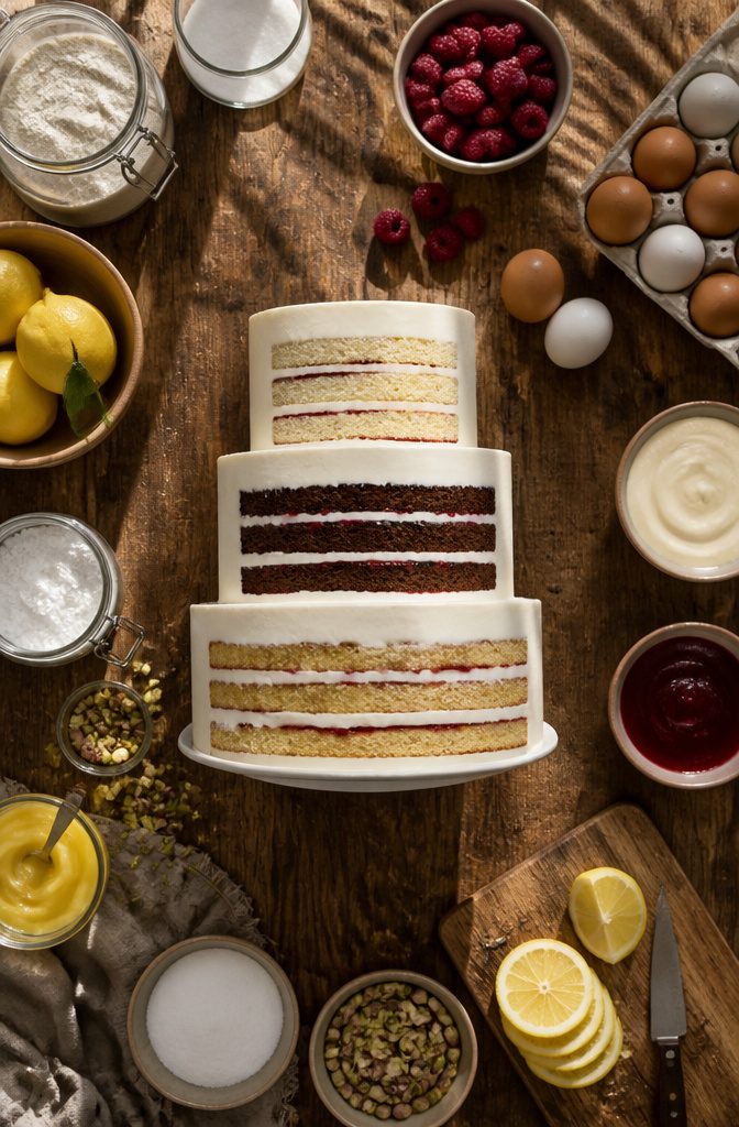 Ingredients like vanilla bean, chocolate, and lemon for wedding cakes.