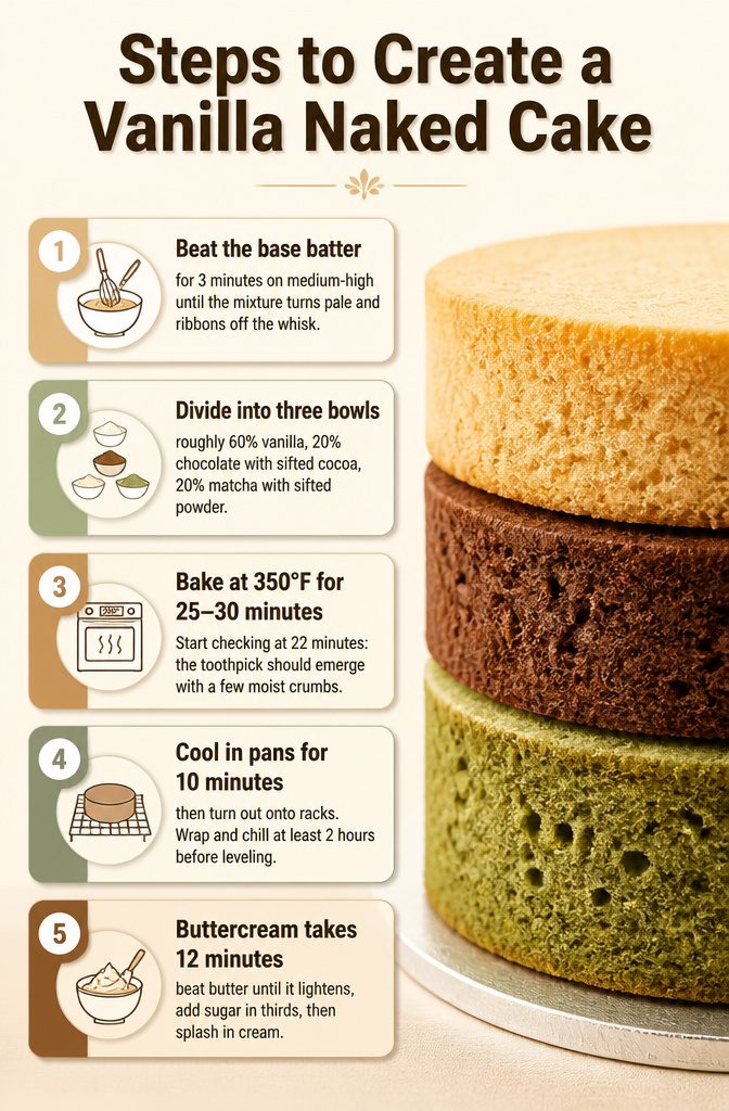 Steps to create a vanilla naked cake with batter divided into bowls.