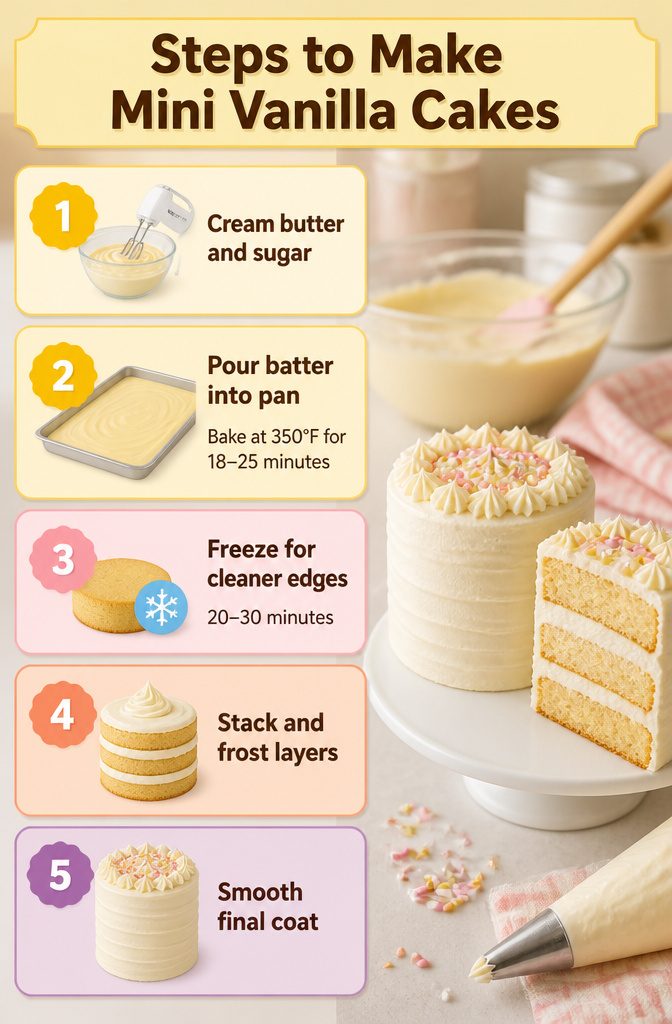 Instructions for making mini vanilla cakes in a step-by-step format.