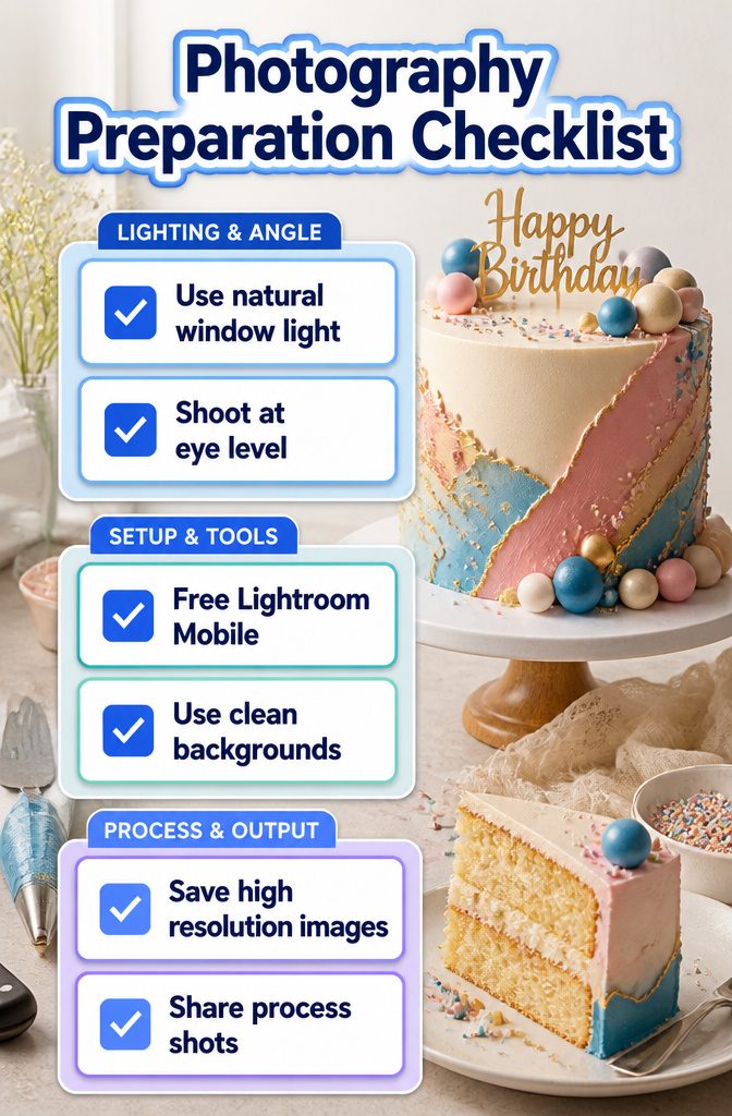 3D Birthday Cake Recipe with Buttercream Steps 6 A photography preparation checklist for cake images.