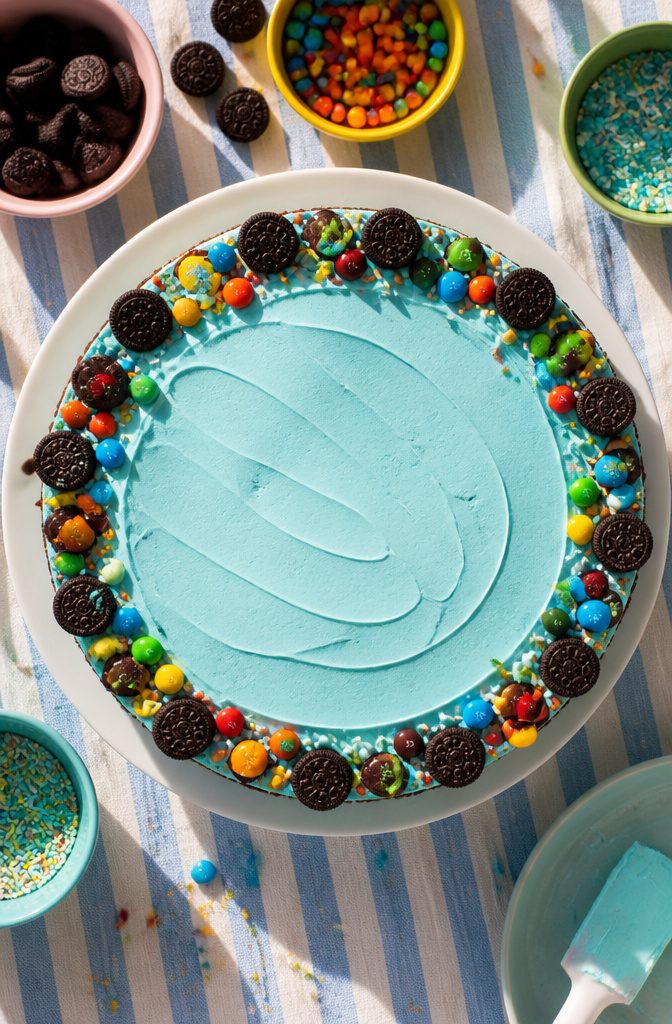 A cake adorned with mini cookies and candies along its edges.