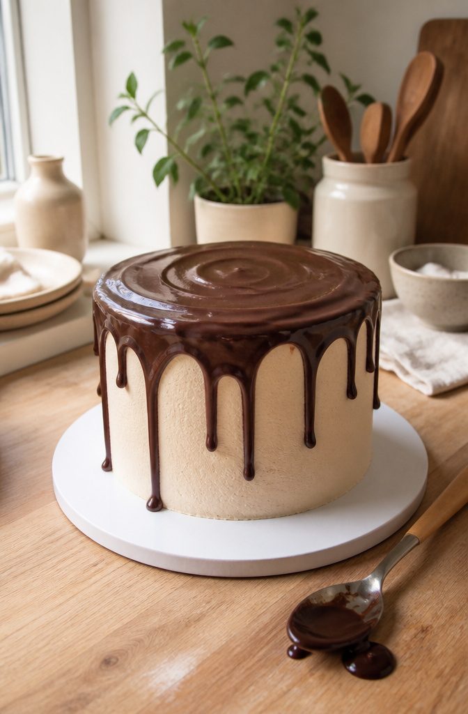 A cake with a smooth buttercream frosting and chocolate ganache drip.