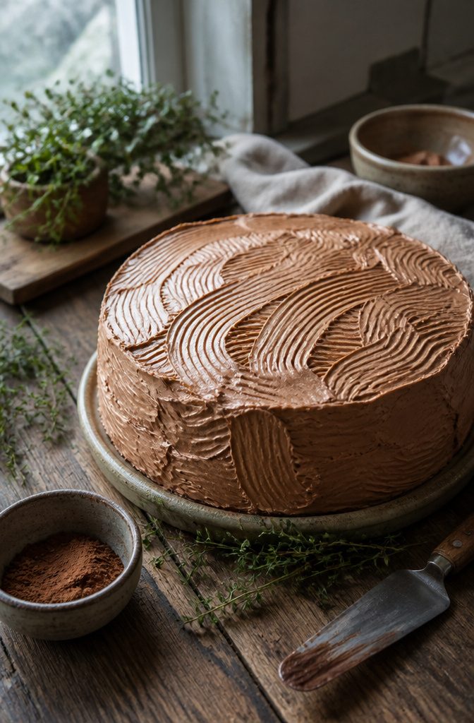 A cake with a fork-dragged texture and fresh herbs at the base.