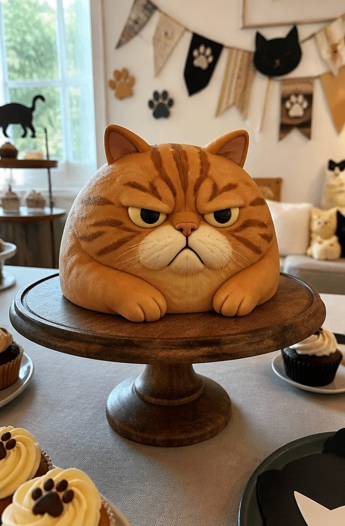 A cake shaped like an angry cat with fondant features.