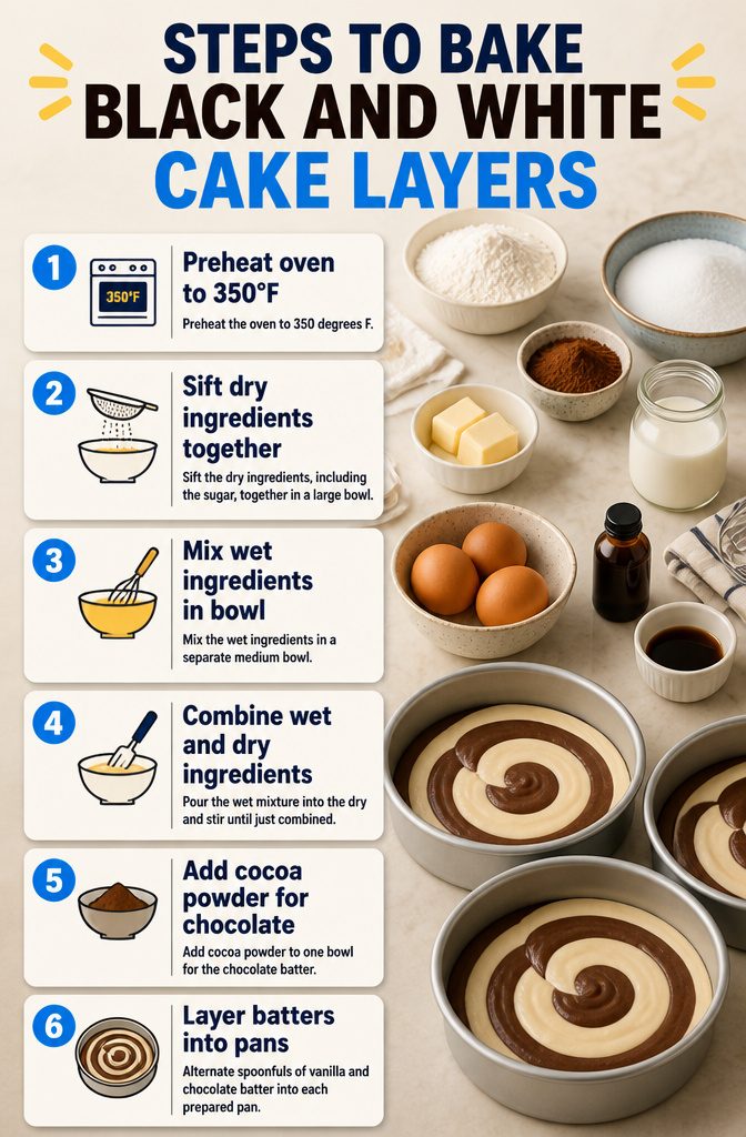Instructions for baking black and white cake layers in cake pans.