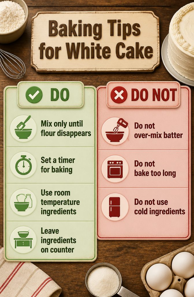 Simple White Cake: A Plain, Soft Layer Cake Recipe 5 An infographic with tips for baking a moist white cake.