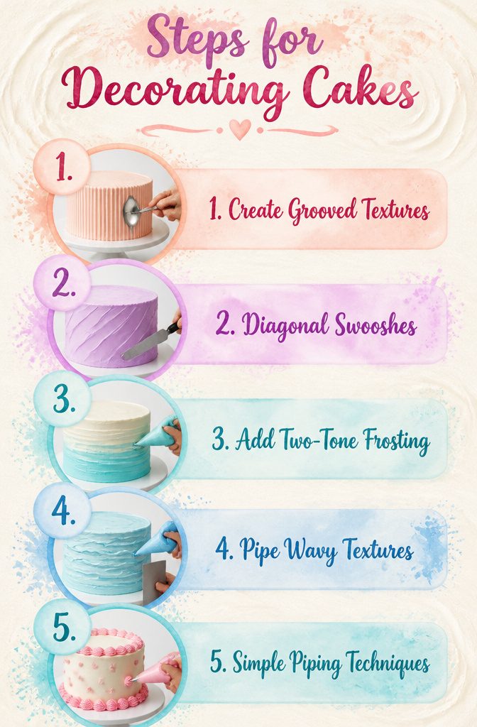 An instructional image showing steps for different cake decorating techniques.