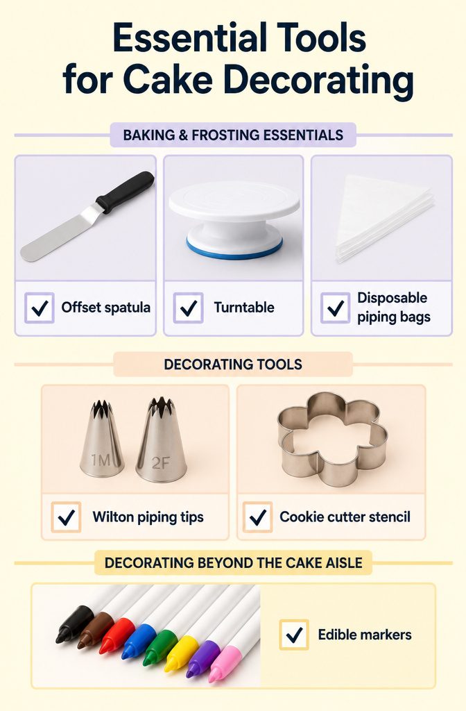 Essential cake decorating tools including an offset spatula and turntable.