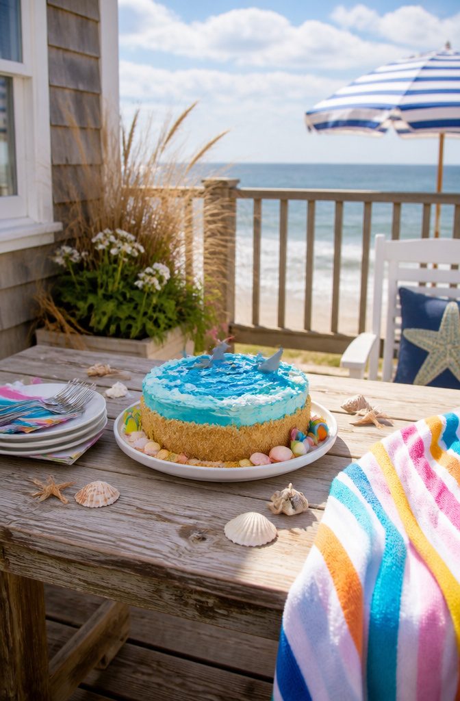 20 Summer Birthday Cake Ideas for Every Celebration 17 Beach cake decorated with blue frosting and crushed graham crackers.