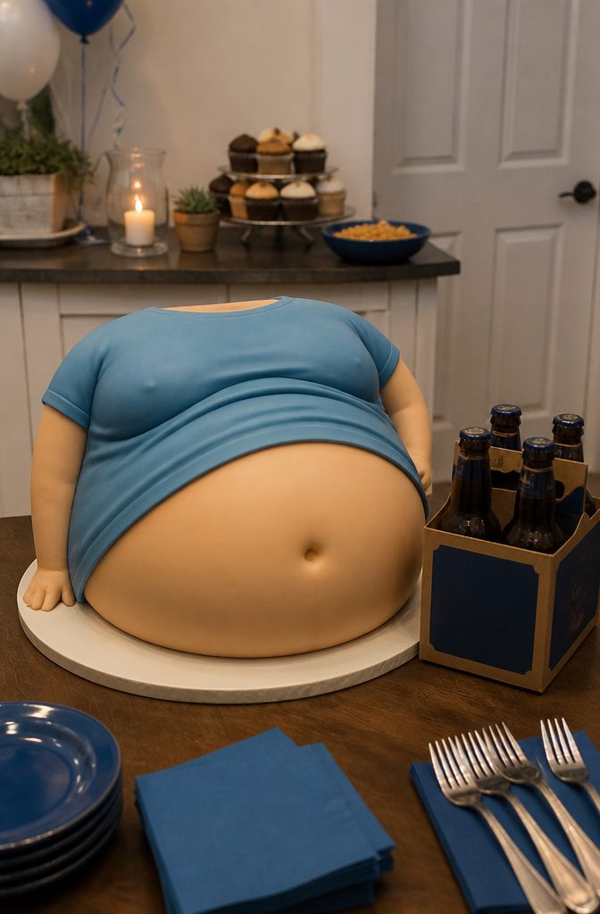 Cake depicting a beer belly with a stretched logo t-shirt on top.