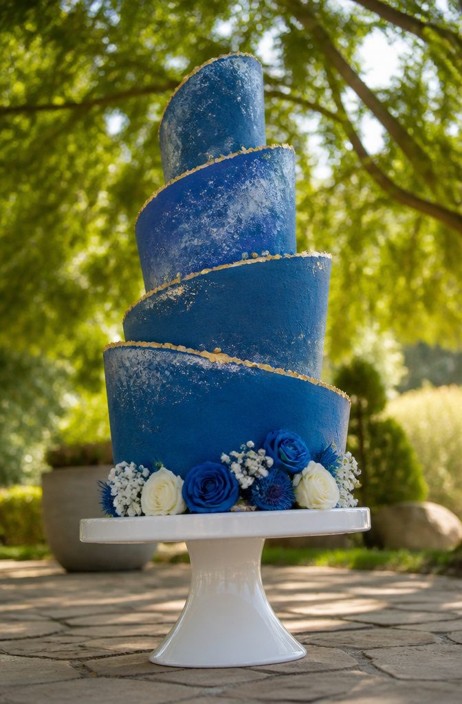 Topsy-turvy blue tier cake with angled layers.