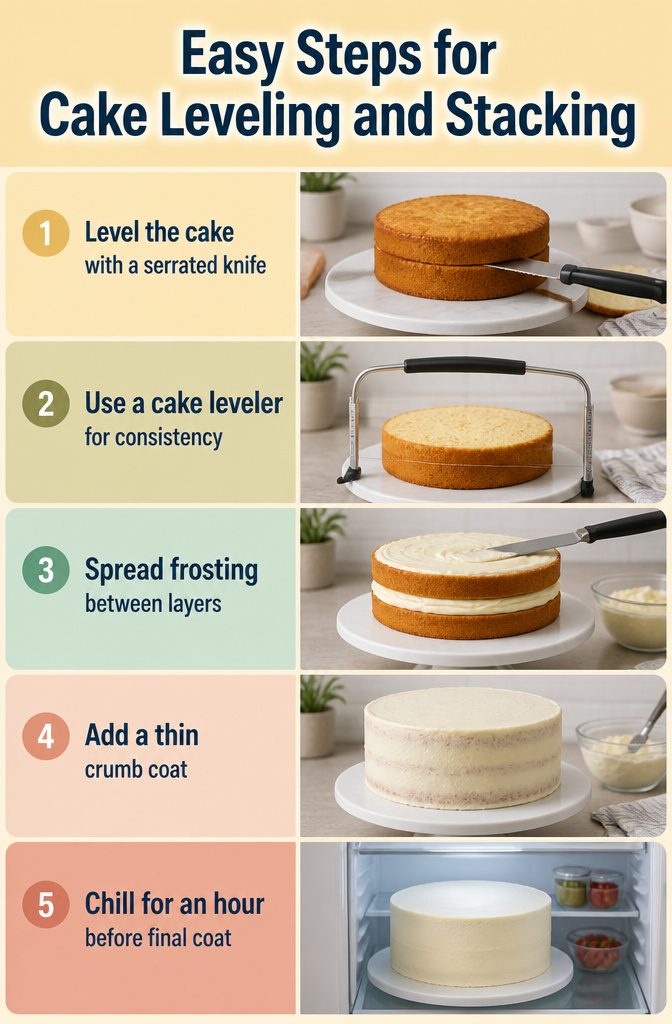 A serrated knife being used to level a domed cake layer.