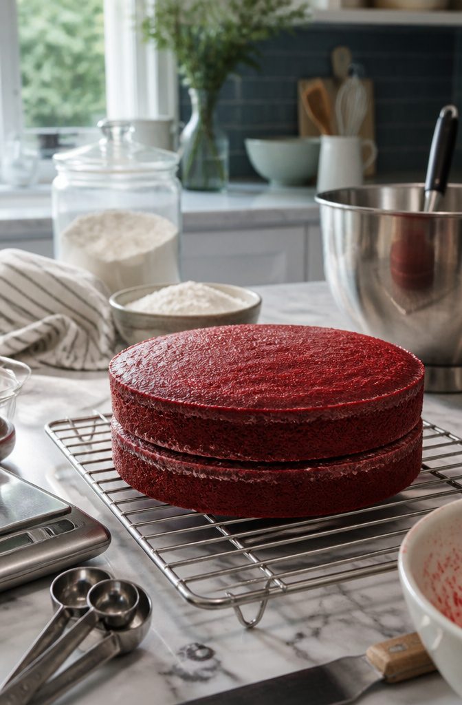 Stacked layers of red velvet cake on a cooling rack.