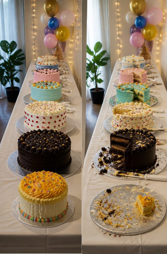 A large birthday cake that serves 20–24 people.