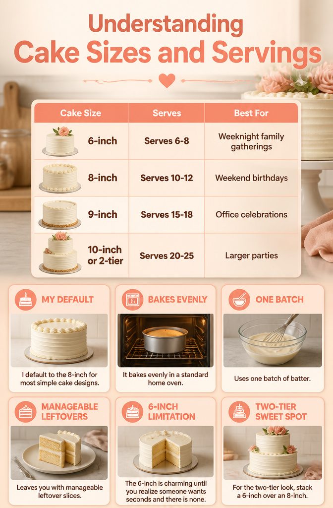 18 Simple Cake Designs Anyone Can Make at Home 21 Chart detailing cake sizes and their corresponding servings.