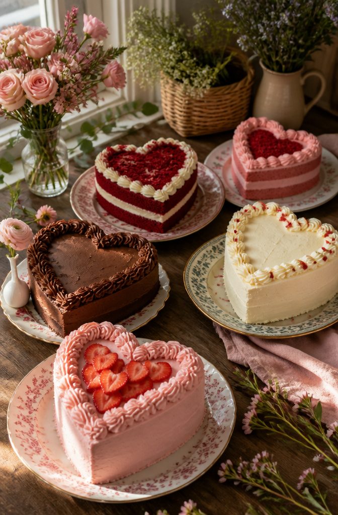 Five heart-shaped cakes in assorted flavors on vintage plates.