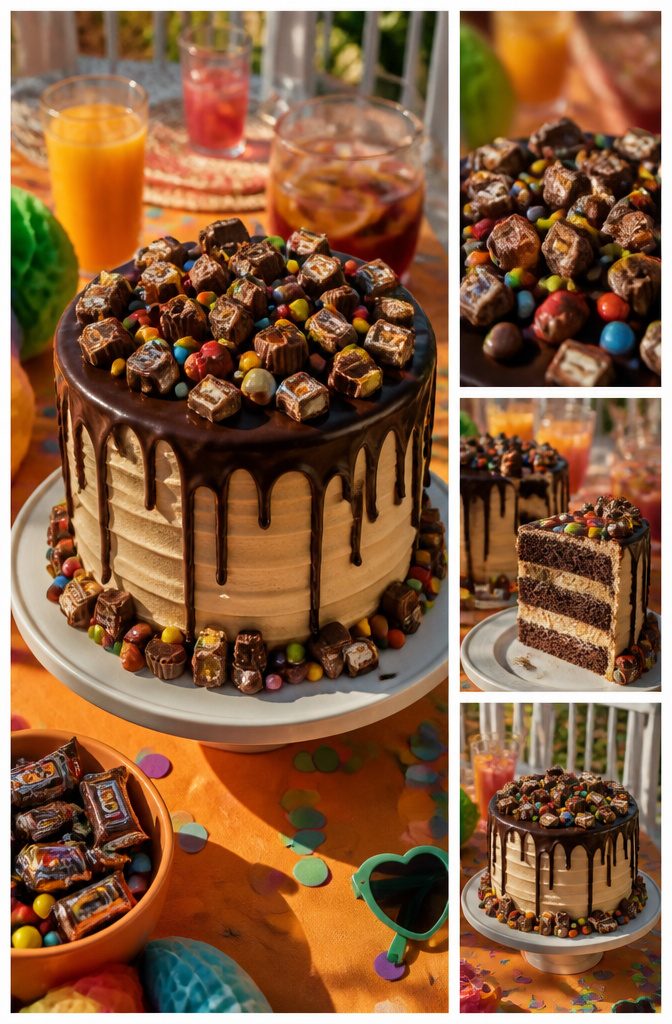 A cake with chocolate ganache drip and assorted candy on top.