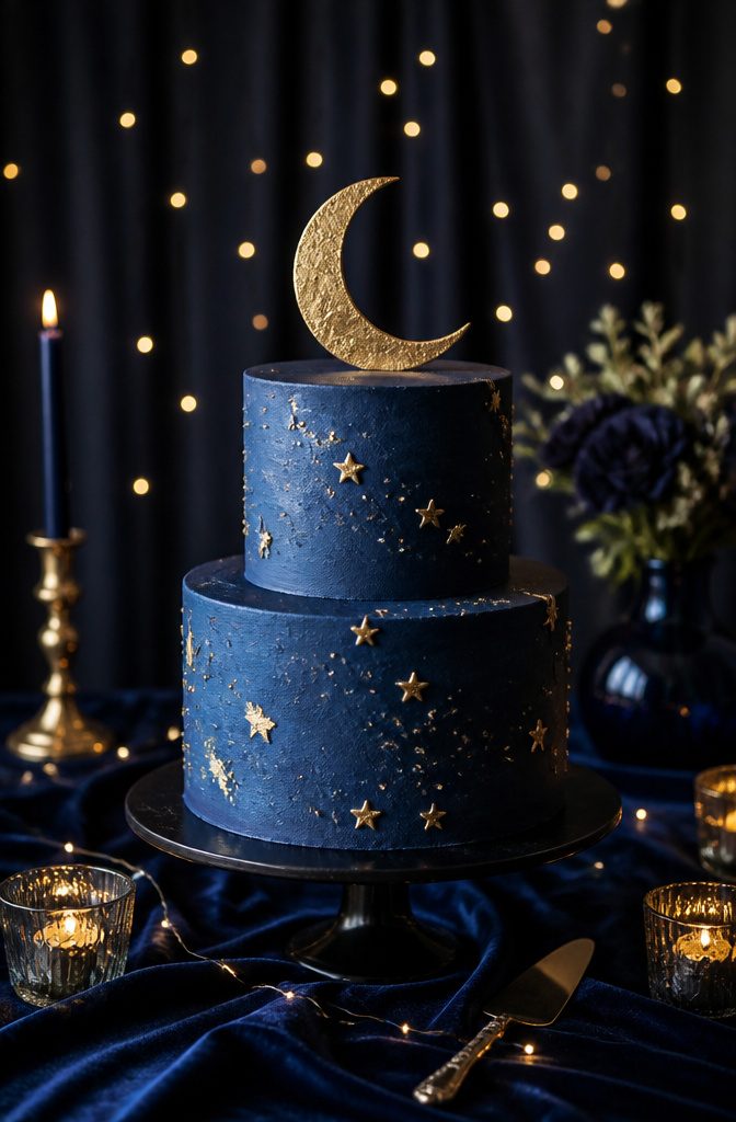 Two-tier birthday cake with midnight blue buttercream and a moon topper.