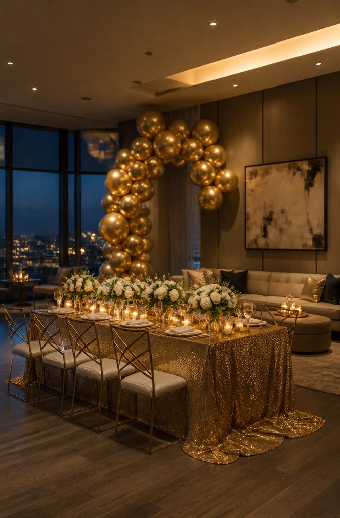 Happy Birthday Glam: Decor, Outfits, Cakes, Cards and More 2 Decorations featuring gold-foil accents and floral arrangements.
