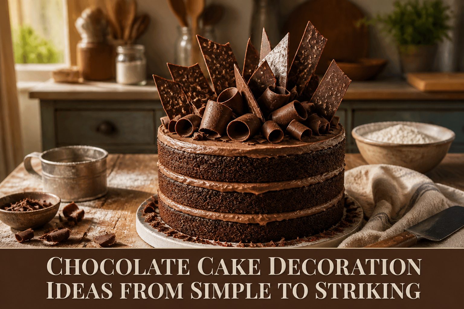 A chocolate cake with multiple decorative chocolate elements.