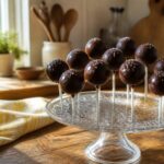 A display of chocolate cake pops decorated with sprinkles on a white plate.