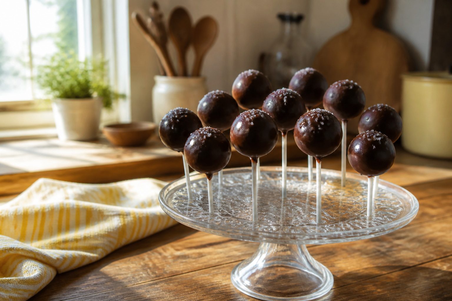 A display of chocolate cake pops decorated with sprinkles on a white plate.