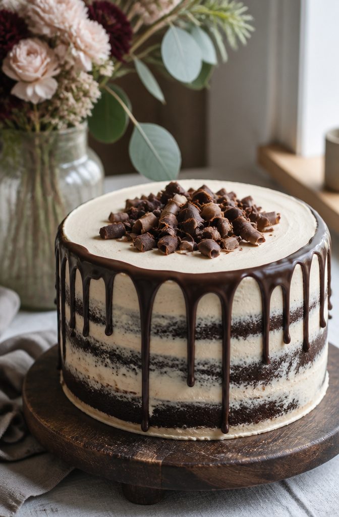 A chocolate cake topped with light-colored frosting.