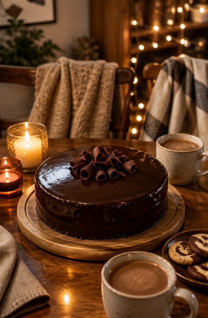 Chocolate ganache cake with curls on top, reflecting light.
