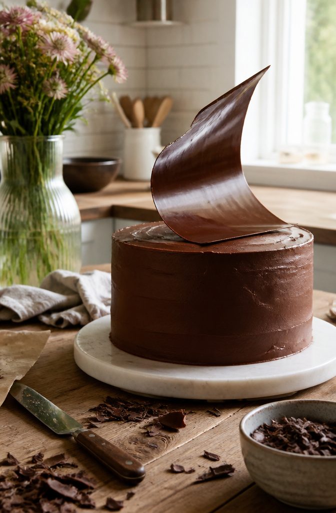 A chocolate sail on top of a frosted cake in a kitchen.