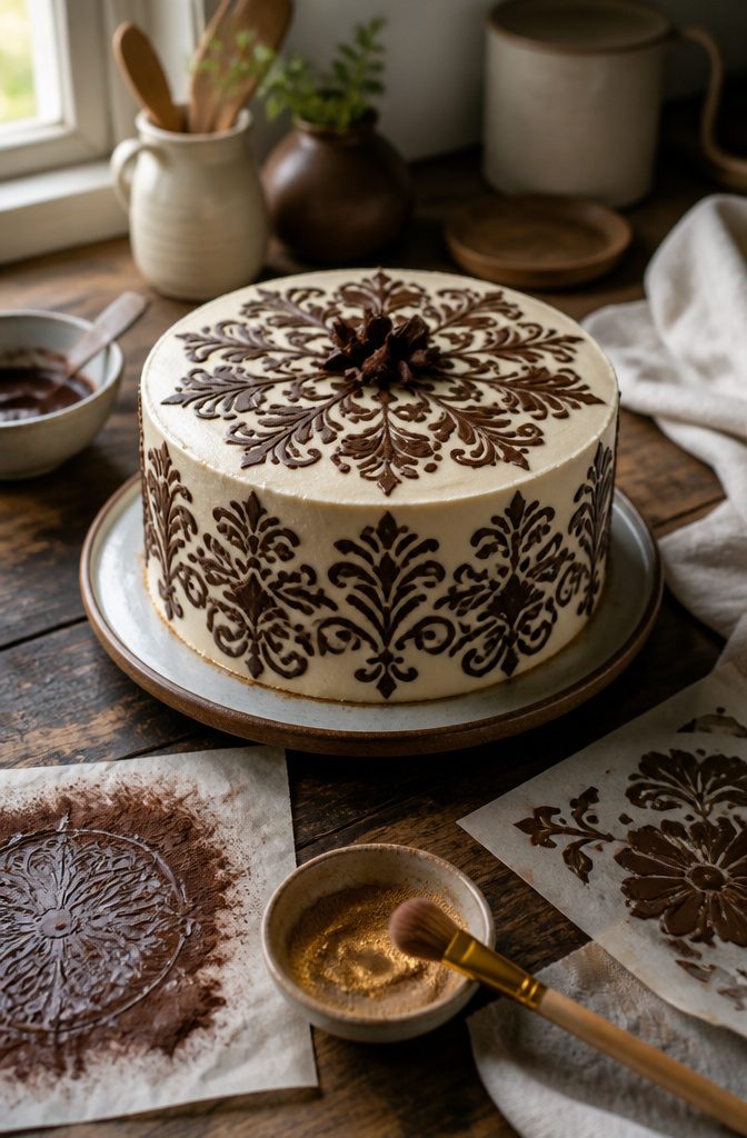 A cake decorated with chocolate patterns from stencils.