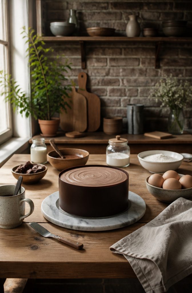 A layer cake wrapped in a chocolate collar on a board.