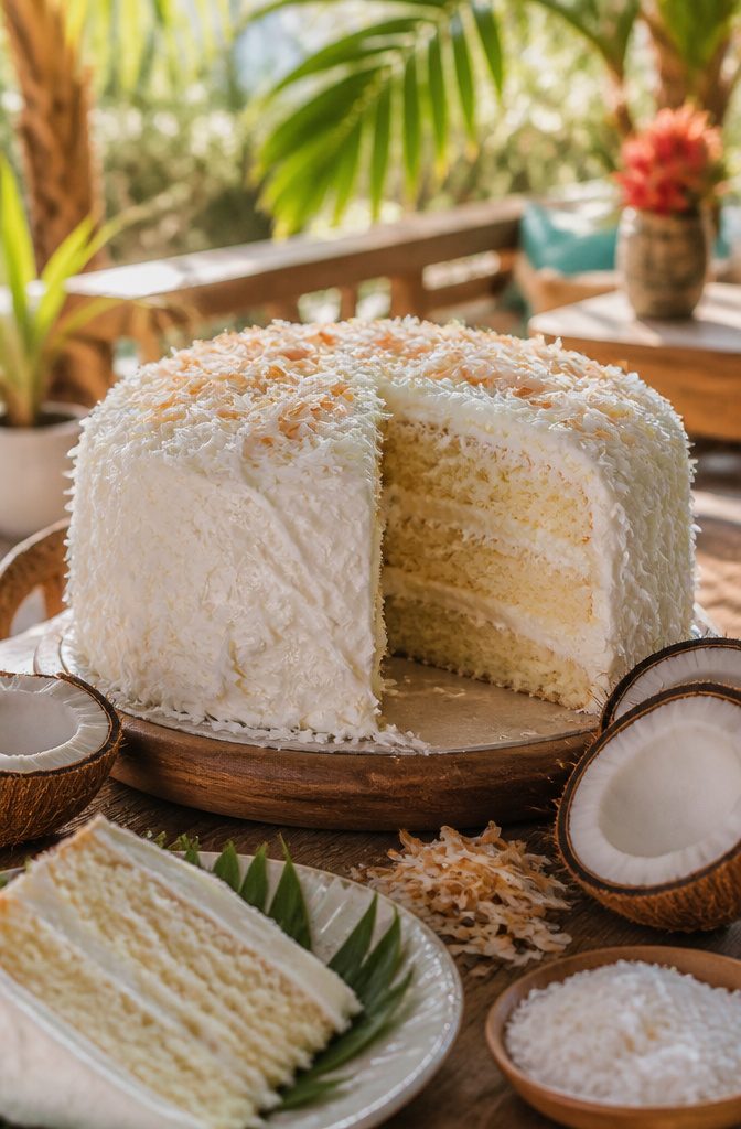 20 Summer Birthday Cake Ideas for Every Celebration 10 Coconut cake with white frosting and coconut flakes on a rustic table.