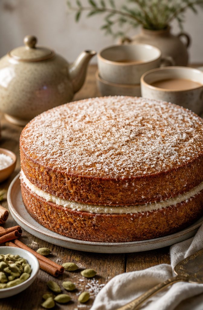 A slice of Coconut and Chai Cake showcasing its spiced texture.