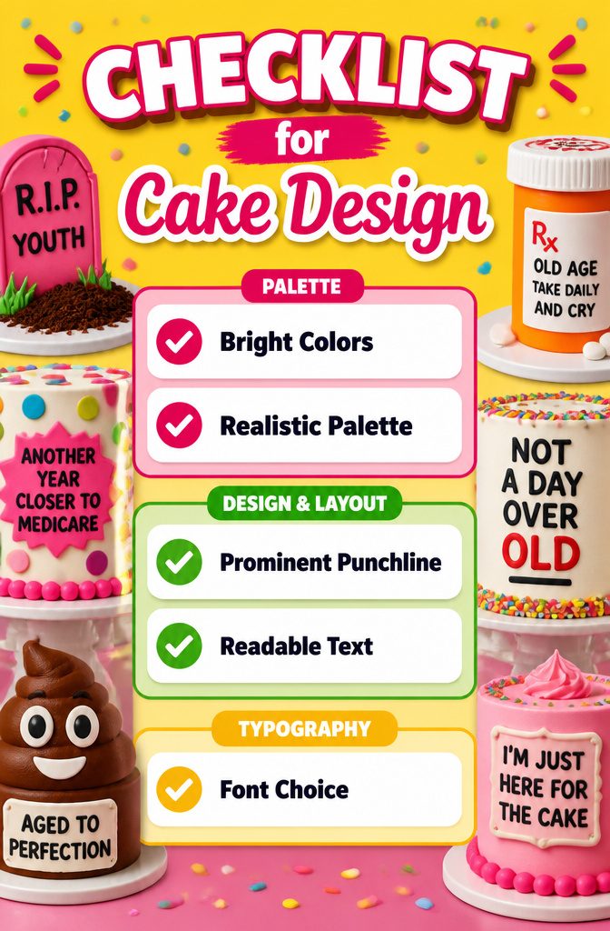 5 Funny Birthday Cakes for Adults: Ideas That Land 9 Graphic checklist for cake design featuring color and layout tips.