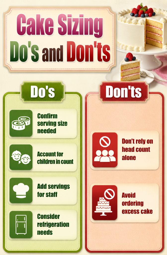 Infographic showing cake sizing do's and don'ts.