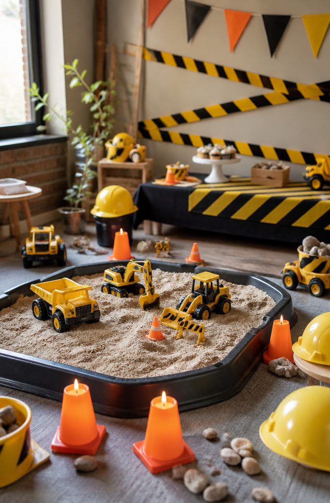 17 Best 2nd Birthday Party Themes Kids Will Love 5 Construction party setup with yellow caution tape and a sand play area.