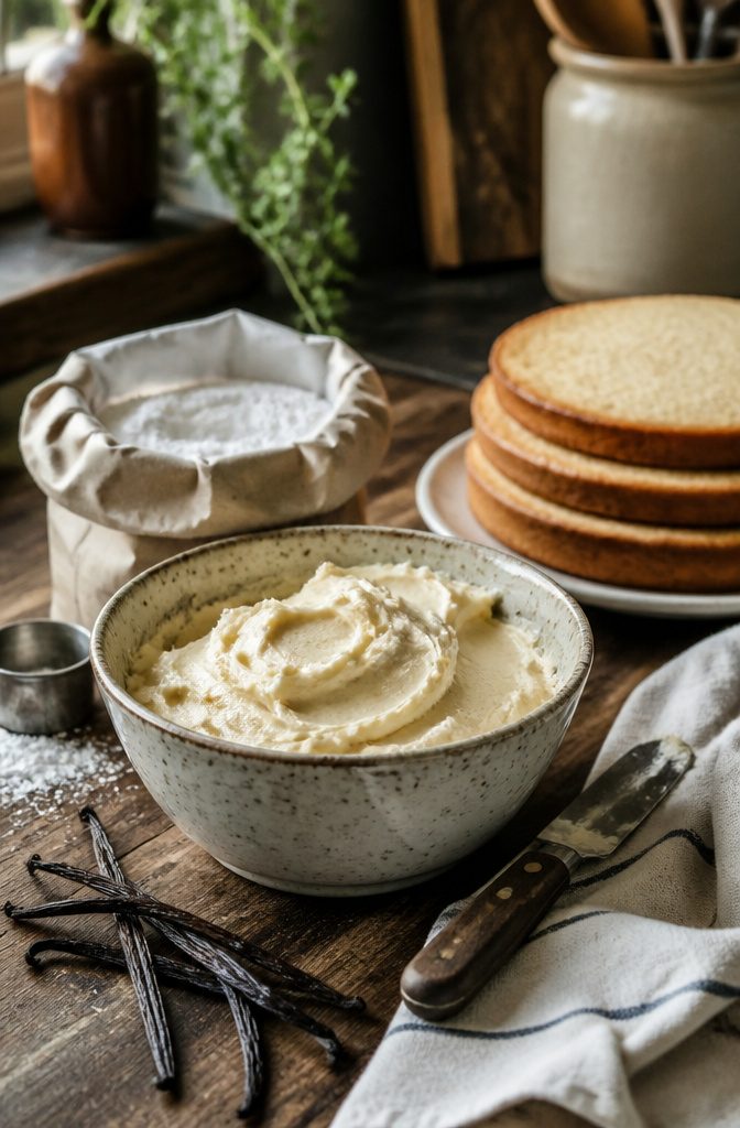 A bowl of cream cheese frosting with a spatula beside it.
