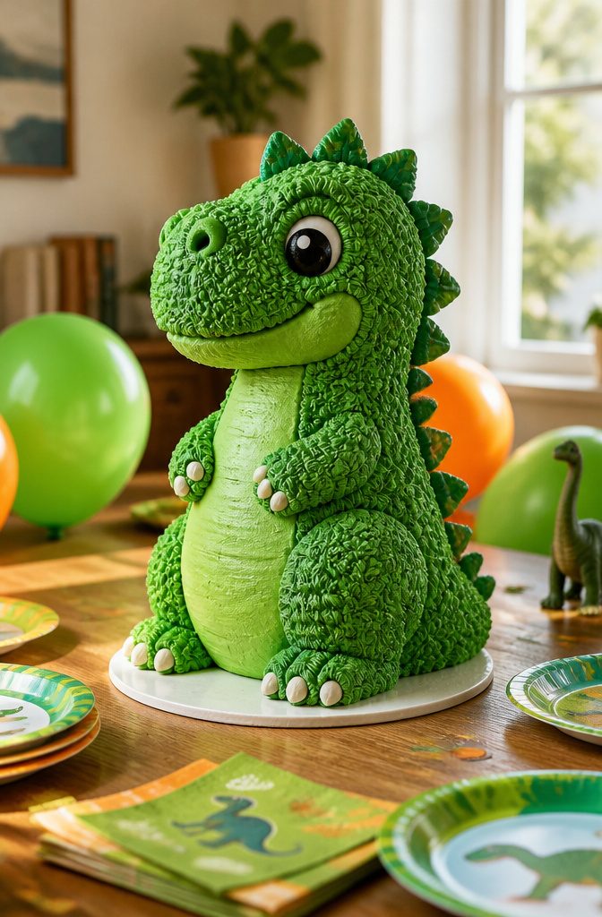 3D Birthday Cake Recipe with Buttercream Steps 4 A 3D birthday cake designed as a dinosaur on a table.