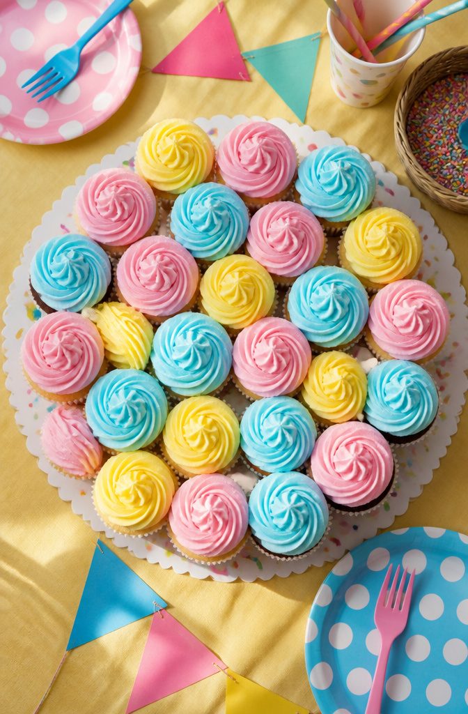 Cupcake cake arranged tightly on a board with frosting.