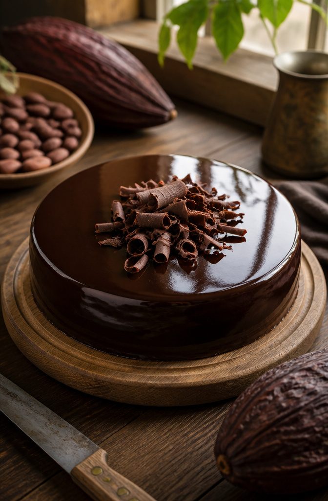 A dark chocolate cake with a glossy ganache and chocolate curls on top.