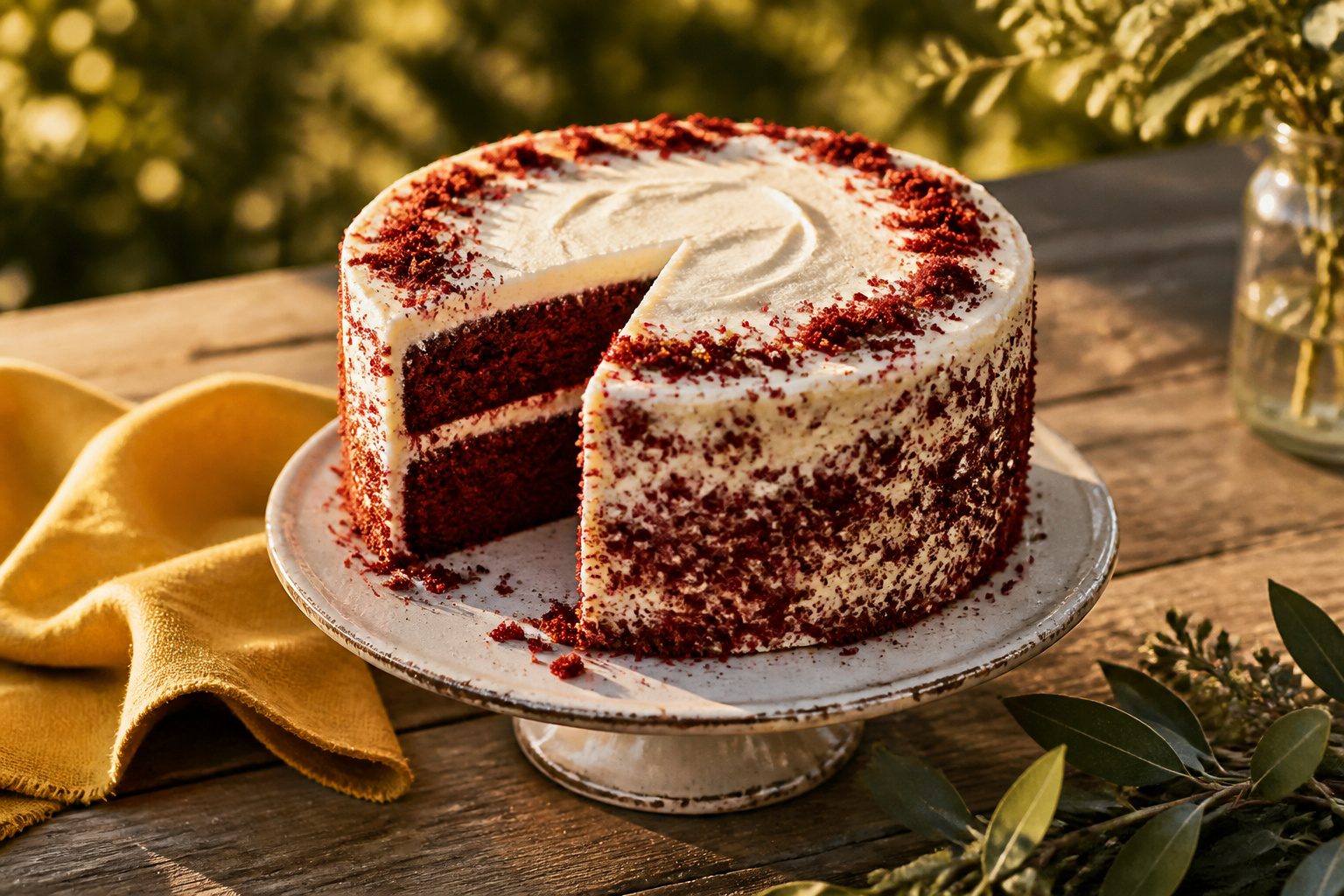 Red velvet cake topped with cream cheese frosting and decorative elements.